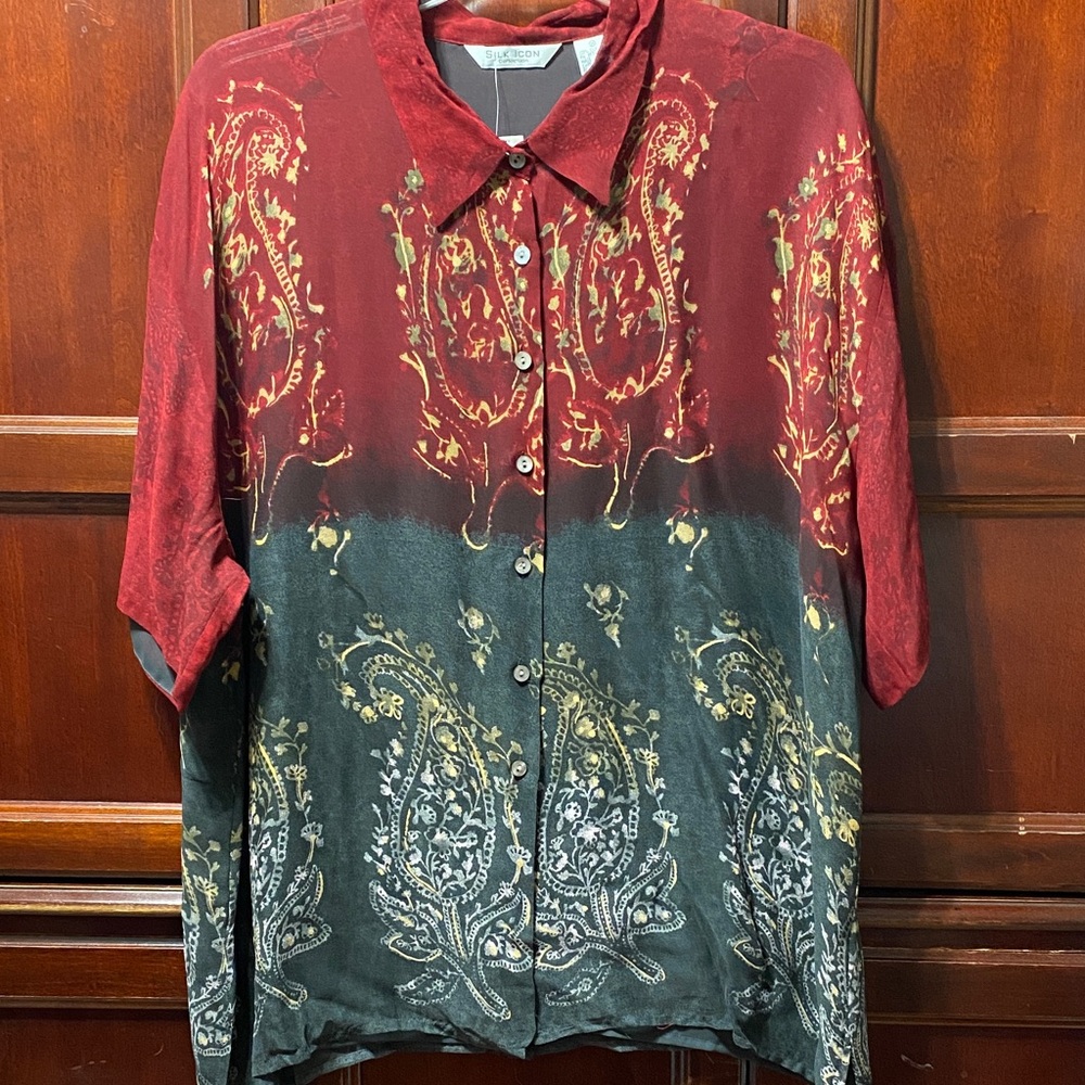 Vintage Silk Icon Red grey Paisley sheer silk Button-Up Shirt plus size 3X